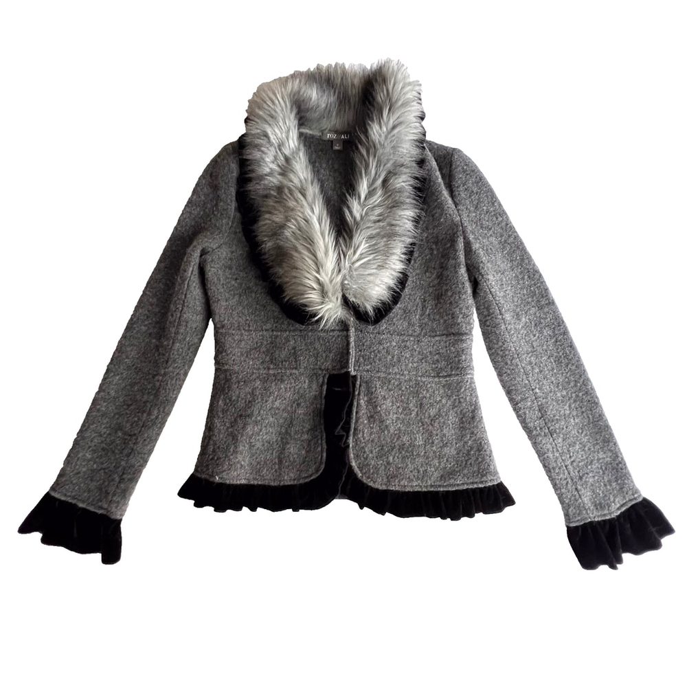 Wool Blazer Sz S Cardigan Jacket Faux Fur Collar Y2K Soft Goth Velvet Twee